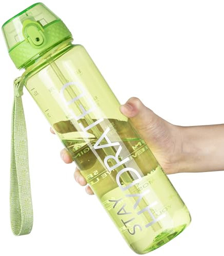 OLDLEY 1L Sports Water Bottle with Straw, Tritan 1 Litre Motivational Drink Bottle, BPA Free Leakproof Transparent Water Bottle with Time Marker for Cycling, School, Gym, Outdoor (Olive)