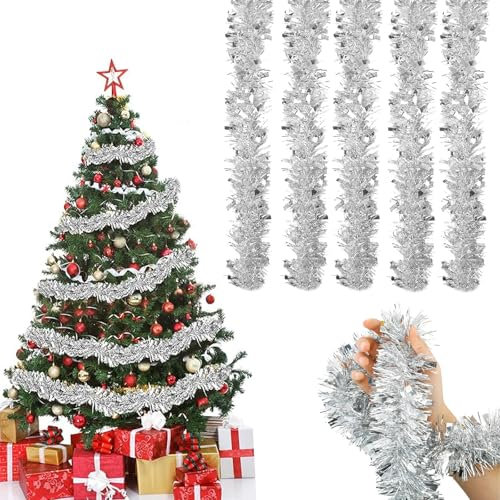 YINZZTRY Guirlandes Tinsel Noël, 5 * 2M Guirlandes de Noël Brillantes, Guirlande de Noël Sapin, Guirlande Métallique Brillante Ornements de Noël, pour Décoration de l'arbre de Noël, Argent