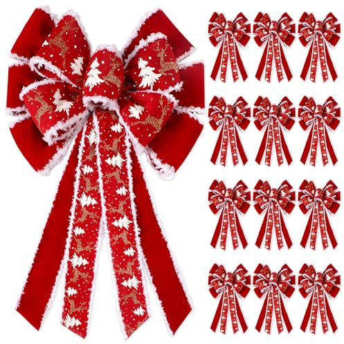 Yunlly 12 lazos rojos extra grandes para corona de Navidad, decoración al aire libre, 26 x 12 pulgadas, lazo gigante de terciopelo para suministros exteriores de Navidad (estilo alce)