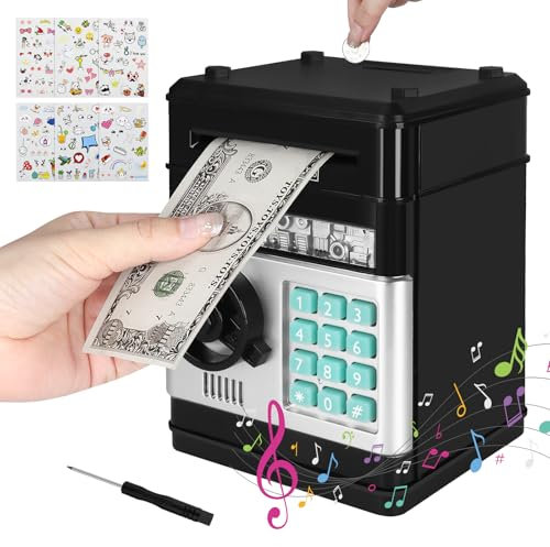 UCAMP Tirelire Électronique pour Enfants,Tirelire éLectronique avec Mot De Passe,Tirelire ATM Coffre-Fort,Inclus 6 Autocollants,Tournevis,Cadeau pour Garçons et Filles de 3 à 12 Ans (Noir)