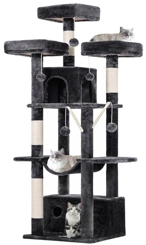 MSmask Kratzbaum, Katzenbaum Groß mit 3 kuscheligen Aussichtplattformen, 2 Höhlen, Hängematte, abnehmbare Pomponstäbchen, Spielhaus für Katzen (Dunkelgrau, 158 cm hoch)