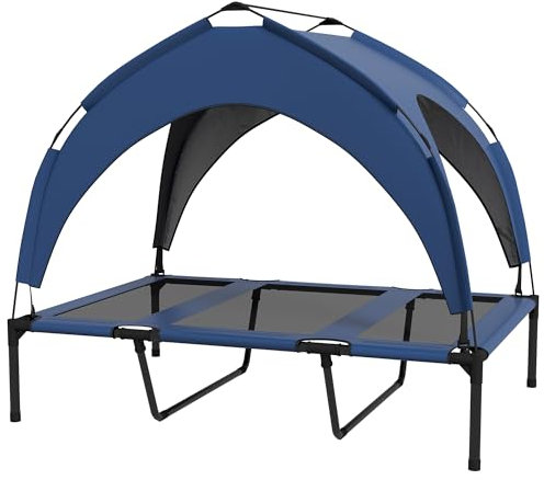 PawHut Erhöhtes Hundebett mit Baldachin, Haustierbett, Outdoor Hundeliege mit Dach, Atmungsaktiv, für Mini- und Kleinhunde Dunkelblau Oxford 106 x 76 x 94 cm