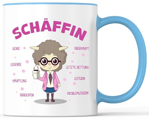 Tasse mit Spruch Schäffin Chefin Chef Becher Vorgesetzte Leitung - lustiges Geschenk - Kaffeebecher als Geschenkidee - Kaffeetasse 330ml - Weiss-Hellblau