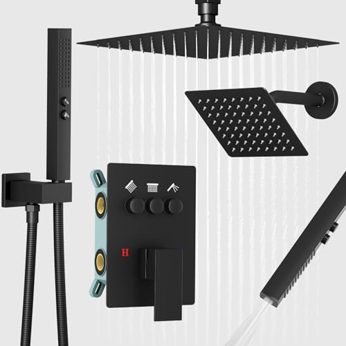 Kroias Duscharmatur Set Duschsystem, Push Button Umsteller Duscharmatur mit 2 in 1 Handbrause, Deckenhalterung 10 Zoll Duschkopf mit 6 Zoll Wandhalterung Duschkopf Mattschwarz
