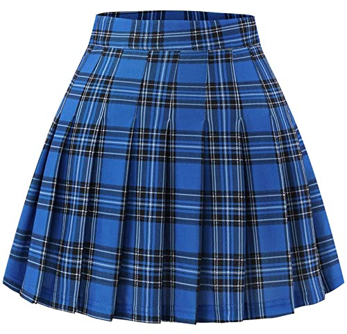Timormode Damen Faltenrock Elastische Hohe Taille Röcke A Linie Rock Royalblue Plaid M