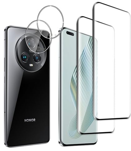 Jinshiweikai Lot de 4, 2 x Verre Trempé pour Honor Magic 5 Pro et 2 x Protection Ecran Caméra Arrière,3D Incurvé Couverture,sans Bulles d'air,Dureté 9H Glass,Compatible Honor Magic 5 Pro