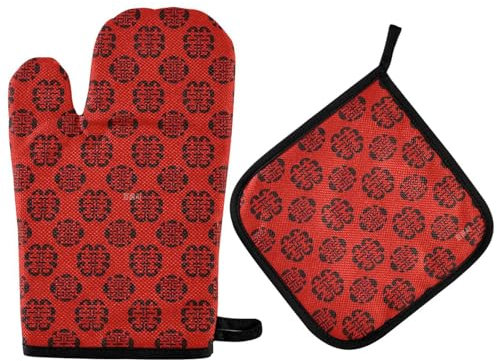 Chinese Unique Culture Happy Pattern Red Pot Holder Oven Mitt Heat Insulated Pot Holder Gloves Kitchen Aid 2PCS for Kitchen Cooking Oven