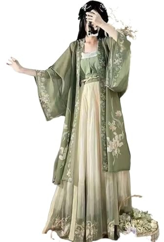 HIMKSRE Costume Traditionnel Chinois for Femme, Tenue Hanfu de la Dynastie des Song Antiques, Ensemble 3 pièces Vert, Grande Taille XL, Printemps-été