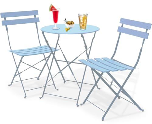 Shally Dogan 3-teiliges Set für den Garten, klappbar, Modell Paris, Tisch mit 2 Stühlen aus Stahl, platzsparende Möbel für Bistro, Balkon, Terrasse, Außenbereich, Doppelbar (Hellblau)