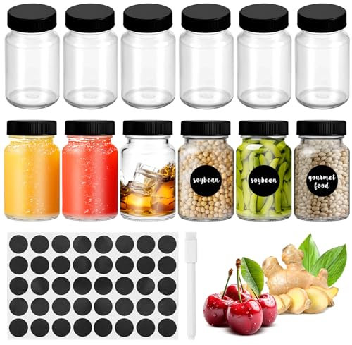 Ouxayapl 12 Stück Kleine Shot Flaschen zum Befüllen, 60ml Dicke Kleine Glasflaschen zum Befüllen,Mini Ingwer Shot Flaschen, Shot Gläser für Saft, Ginger, Whisky und Gewürze