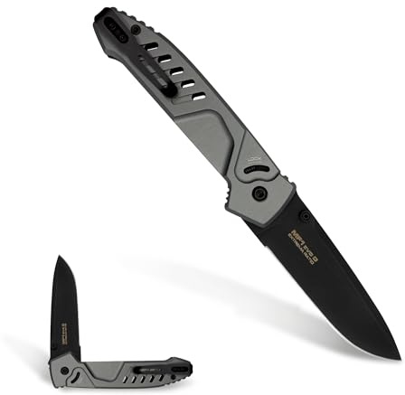 Extrema Ratio - MF1 EVO D (GRAU), Klappmesser, Böhler N690 Stahlklinge gehärtet auf 58 HRC, Stonewash-Finish, Aluminiumgriff, Notfall-Glasbrecher, Gurtschneider, beidhändig verwendbarer Daumenstift
