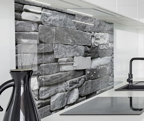 timalo Spritzschutz Wand für Herd, Küche Küchenrückwand Glasoptik | Acryl Glas 2mm | Glasrückwand Acrylglas Wandpaneele Rückwandschutz Platte | 180x58cm Bruchstein Steine grau