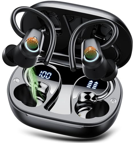 Wireless Earbuds, 2025 Bluetooth 5.4 Headphones Sport with 4 ENC Noise Canceling Mic, 50H Stereo Wireless Earphones with Earhooks, LED Display USB-C, IP7 Waterproof Bluetooth Earbuds for Gym Running