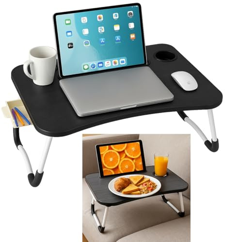 Betttablett Klappbar, Frühstückstablett mit Griff und Getränkehalter, Serviertisch, Ideal für Lesen und Arbeiten, Auch als Lapdesk Verwendbar 60x40x26 cm Schwarz mit Schublade