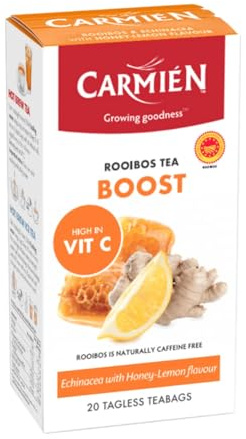 Carmien | Rooibos Tea for Boost, 20 Tea Bags with Lemon & Honey Flavour | Ginseng, Moringa, Green Rooibos, Vitamin C, Zinc, Caffeine Free, Sugar Free, Immune Support, Cleanse, Improves Energy