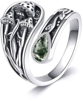 DAYLINLOVE Mushroom Spoon Rings 925 Sterling Silver Moss Agate Mushroom Thumb Ring Vintage Jewelry Gifts for Women Men