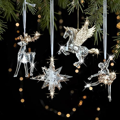 4 Stück Acryl Schneeflocken Eiszapfen hängende Ornamente, Weihnachtsbaum Kristall Dekorationen, Weihnachtsbaumschmuck, Weihnachtsbaumanhänger Weihnachten Party Hochzeit Neujahr Dekoration