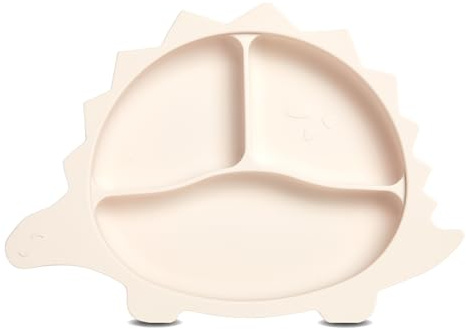 wencolino Kinderteller rutschfest mit Saugnapf Esslernteller „Dino“ aus lebensmittelechtem Silikon Teller für Kinder Teller Baby – B26,5cm x L18,8cm x H3,2cm – BLW baby led weaning Zubehör beige