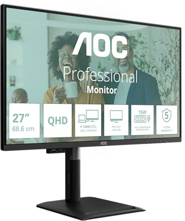 AOC Moniteur Q27P4CV 27 Pouce 120Hz IPS Dalle, 4ms GtG, HDR Mode, Ajustable en Hauteur, Haut-parleurs, USB Hub(2560x1440 HDMI 1x 2.1 TMDS DP 1x 1.4) Noir