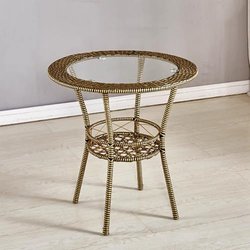 Dexinhdh Tables D'appoint D'extérieur Portables avec Plateau en Verre Trempé, Table Basse en Rotin avec Panier De Rangement Et Pieds Antidérapants, Grande Capacité De Charge(D)