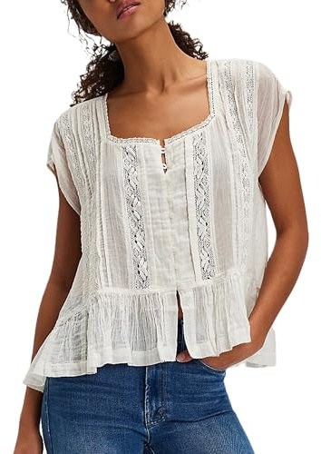 ensswliz Women Summer Lace Trim Tank Top Beach Vacation Tie Front Button Down Tank Vest Loose Elegant T-Shirt Going Out Tops