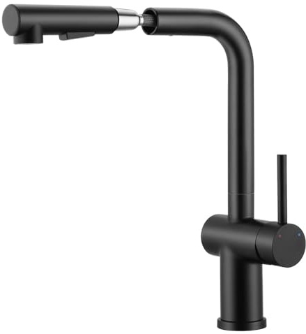 BONADE Niederdruck Armatur Küche, 360° Drehbar Spültischarmatur mit 3 anschluessen für Boiler, Wasserhahn Küche Ausziehbare Brause mit 2 Strahlarten, Edelstahl Mischbatterie Wasserhahn Küche Schwarz