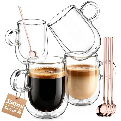 glastal 350ml Double Walled Glass Coffee Mugs Cappuccino Latte Cups 4 Pack | Borosilicate Glass, Double Walled Glasses Cups with Handle, Heat Resistant Glass Cup for Coffee Tea Milk Ice Cream