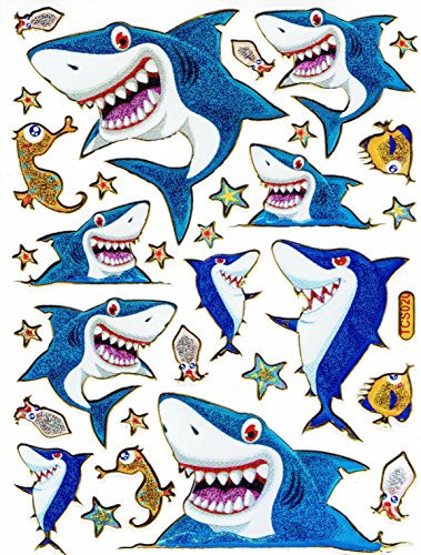 Fische Hai Zähne Haie Tiere Aufkleber 33-teilig 1 Blatt 135 mm x 100 mm Sticker Basteln Kinder Party Metallic-Look