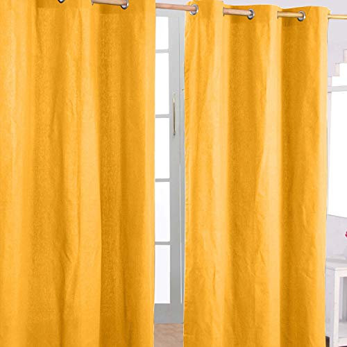 Homescapes 2er Set eifarbige Ösen Gardinen je B137 x L228 cm aus 100% Baumwolle, blickdichte Vorhänge/Dekoschals/Ösenvorhänge für Wohnzimmer oder Küche, senfgelb