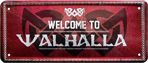 WOGEKA ART Retro Blechschild - Welcome to Walhalla Wikinger Germanen - witziger Spruch als Geschenk-Idee zum Geburtstag Weihnachten Dekoration 28x12 cm Vintage-Design Metall 1298