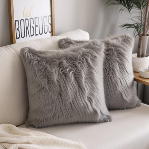 DQMEN Kissenbezüge, Kunstpelz, Deluxe, dekorativ, für Sofa, Schlafzimmer, Bett, superweich, mongolischer Plüsch, 2 Stück, Grau, 45 x 45 cm
