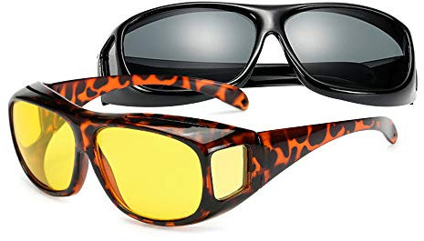 BOZEVON Überzieh-Sonnenbrille für Herren und Damen - Nachtsichtbrille UV400 Sonnenbrille Fit-over für Brillenträger, Schwarz & Leopard-Druck