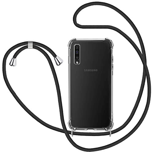 Handykette Hülle für Samsung Galaxy A50, Necklace Hülle mit Kordel Transparent Silikon Handyhülle mit Kordel zum Umhängen Schutzhülle mit Band in Schwarz