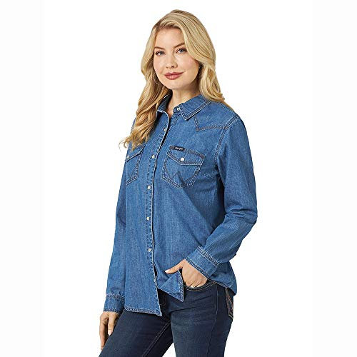 Wrangler Damen Retro Long Sleeve Western Snap Shirt Hemd, Mid-Denim, X-Groß