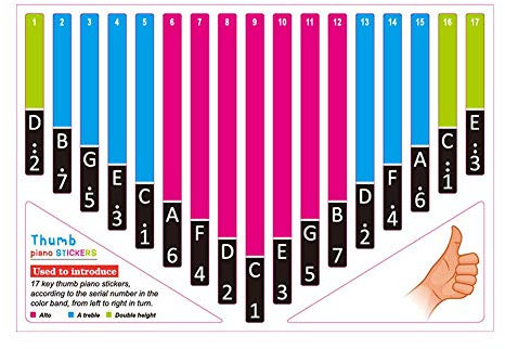 TARTIERY 17-key Thumb Piano Sticker Removable Keyboards Notes Colorful Piano Sticker For Kids Beginners Thumb Piano Practice Learning Musical Note Stickers