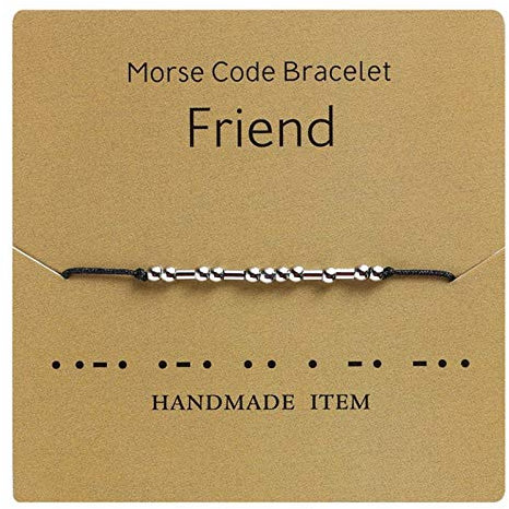 AILUOR Morse Code Armband, Versilberte Perlen auf Seidenschnur Freundschafts Armband Geschenk für sie, geheime Nachricht Geschenk Schmuck für Frauen Männer (Friend)