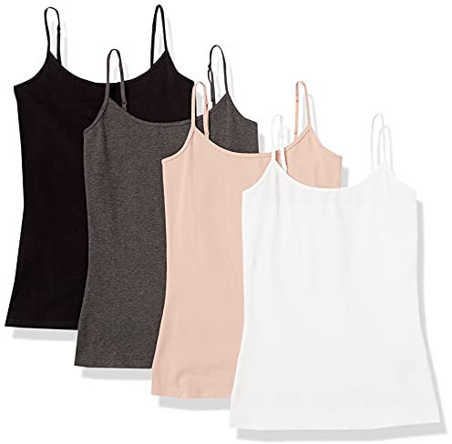 Amazon Essentials Canottiera Aderente Donna, Pacco da 4, Bianco/Carbone Puntinato/Nero/Rosa Cipria, L