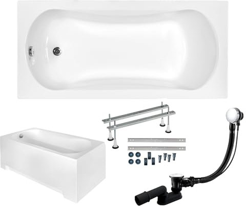 BADLAND Badewanne Original Weiß Acryl Wanne Rechteck ARIA 160x70 KOMPLETTSET SET mit Weiß Acrylschürze + Füßen und Exklusive Chrom Automatik Ablaufgarnitur Made in EU 4in1