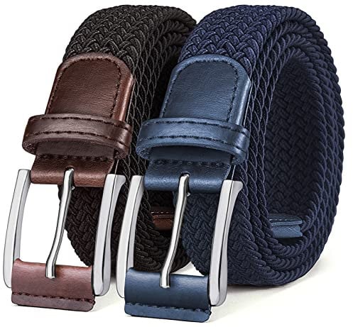 BULLIANT Elastischer Flechtgürtel 2er, Gürtel Herren Damen Stoffgürtel Geflochten Stretchgürtel Golfgürtel 35mm(Schwarz/Antikblau-115cm/36-40 taille verstellbar)
