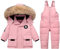 LSHDCER Baby Kleinkind Schneeanzug Jungen Mädchen Winteranzug Skianzug Daunenjacke mit Fellkapuze & Daunenhose Bekleidungsset 2tlg Outfit, Rosa, 74-80