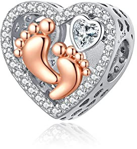 Alstiva Baby Fuß Herz Charm 925 Sterling Silber 5A Zirkonia Charm Anhänger für Armband Charm Bead Pendant für Europäische Armbänder Halsketten Schmuck Geschenk für Damen Frauen