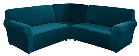 YOPOIY Velvet Sofabezug Ecksofa, 3 Stück Sofabezug l Form Stretch 5 Sitz Couchbezug Weich Waschbar Möbel Protector für 5 Sitzer Sofa -Marine-1-Einheitsgröße