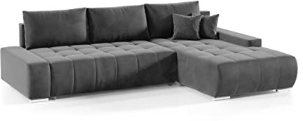 FEDVE Ecksofa mit Schlaffunktion Dunkelgrau - Dhaka – Praktisches Schlafsofa mit Bettkasten Rechts – Gemütlich Rückenkissen Sofa mit Bettfunktion – Sofa L Form zum Salon für Viele Jahr