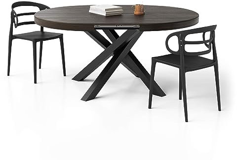 MOBILI FIVER, Mesa Redonda Extensible Emma 120-160 cm en Color Nogal Americano con Patas Cruzadas Negras, para 4-6 Personas, Mesa Extensible de Comedor, Mesa Cocina, Salon, Made In Italy