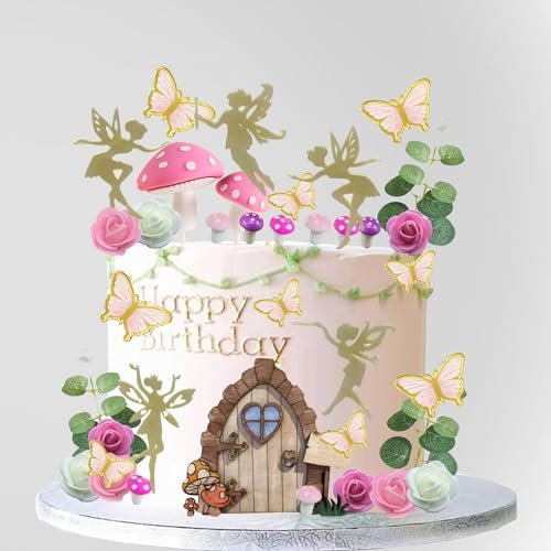 LXASIY 39PCS Pink Mushroom Door Butterfly Flowers Cake Decoration for Fairy Party, Baby Shower