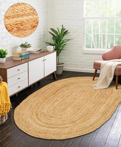 RIANGI Juteteppich – Herbstteppich, ovaler Jute-Teppich, 7,6 x 12,7 cm, ovaler Boho-Teppich, wendbar, natürlich, weich, Boho-Teppich, ovaler Teppich, neutraler Teppich, Bauernhaus-Teppiche für