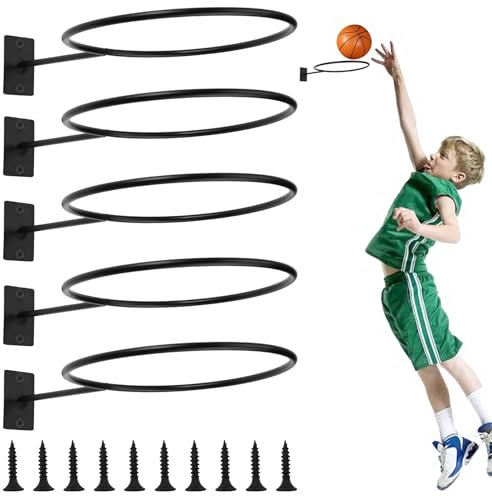 HIKPACKER 5 Stück Wandhalterung Ball Rack, Metall Ball Halter Schwarz, Sportball Rack für Basketball Fußball Volleyball Storage Display