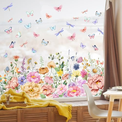 Runtoo Fensteraufkleber Blumen Wandtattoo Fenster Abziehbilder Garten Schmetterling Pflanzen Blätter Fensterfolie Glas Fensterdeko Wandsticker