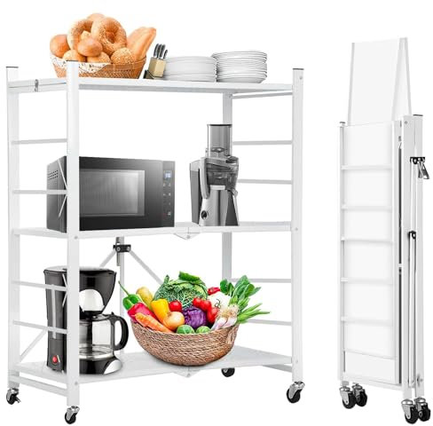 ABOUT SPACE Foldable Kitchen Storage Rack - 3 Tier Space Saving Metal Stand with Caster Wheels - Crockery Unit-Multifunctional Movable Microwave Stand Trolley-Upto 90kg (White - L 75 x B 36 x H 85 cm)