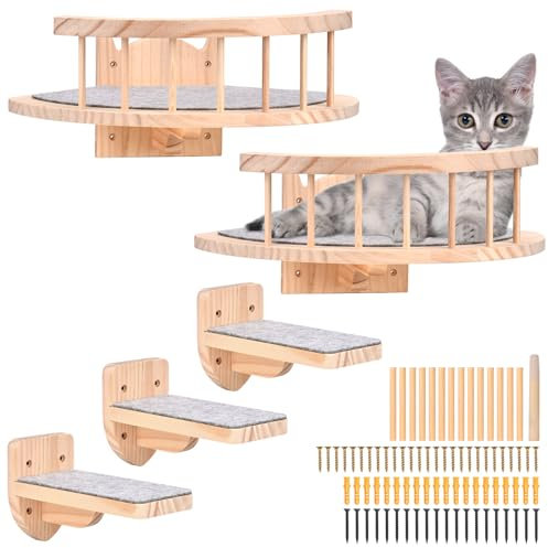 Hamac Mural pour Chat avec 2 Étagères et Perche - Meuble avec 3 Marches - en Bois Massif Recouvert de Peluche pour Escalade, Dormir, Jouer